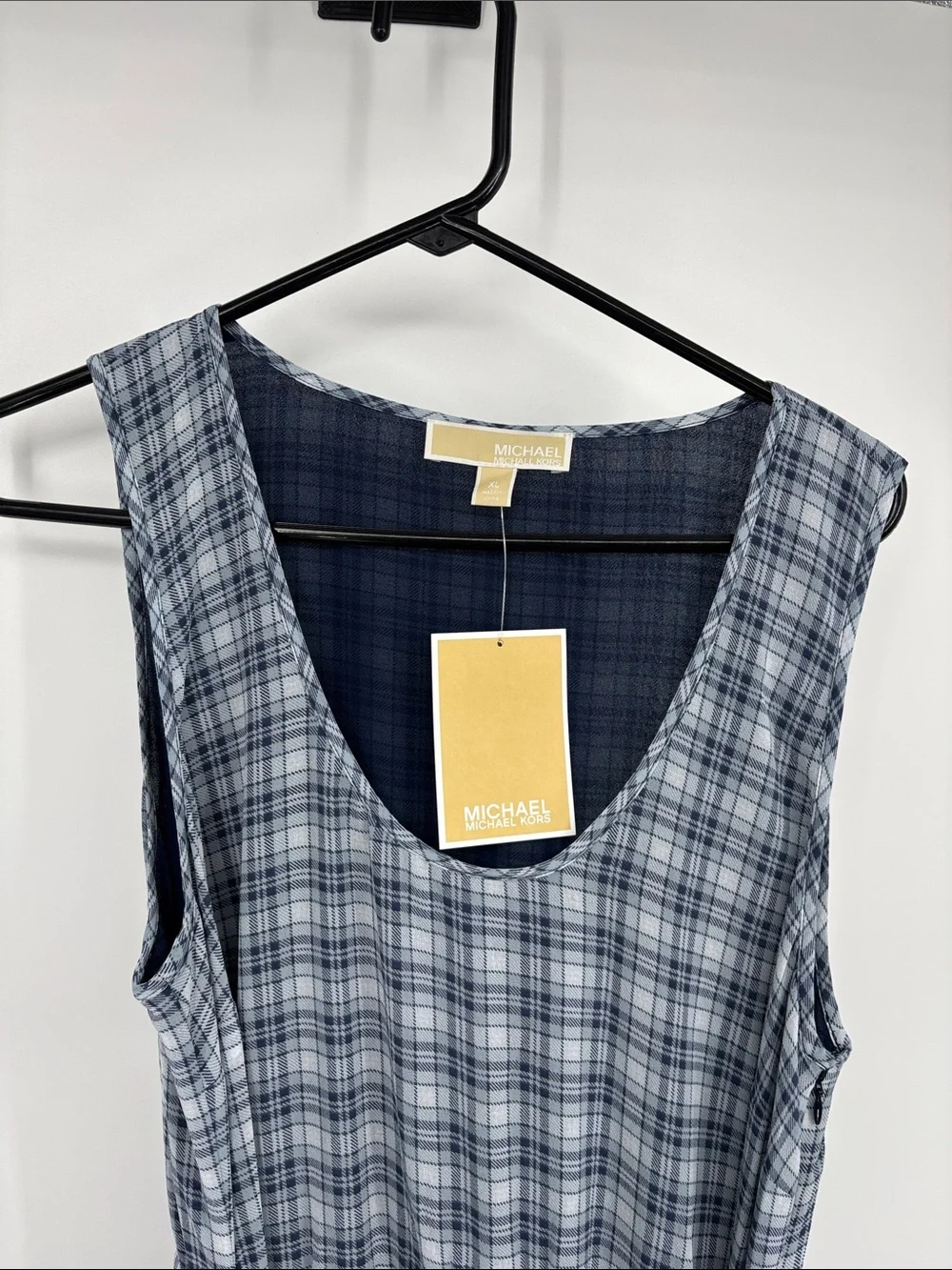 Michael Kors Blue Patchwork handkerchief chambray  Asymmetrical Tank belt Dress